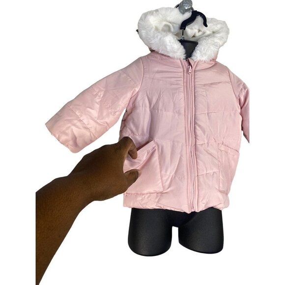 First Impressions Girls Puffer Jacket Pink Fur Trim Hodded Long Sleeve Zip 12M - Picture 3 of 6